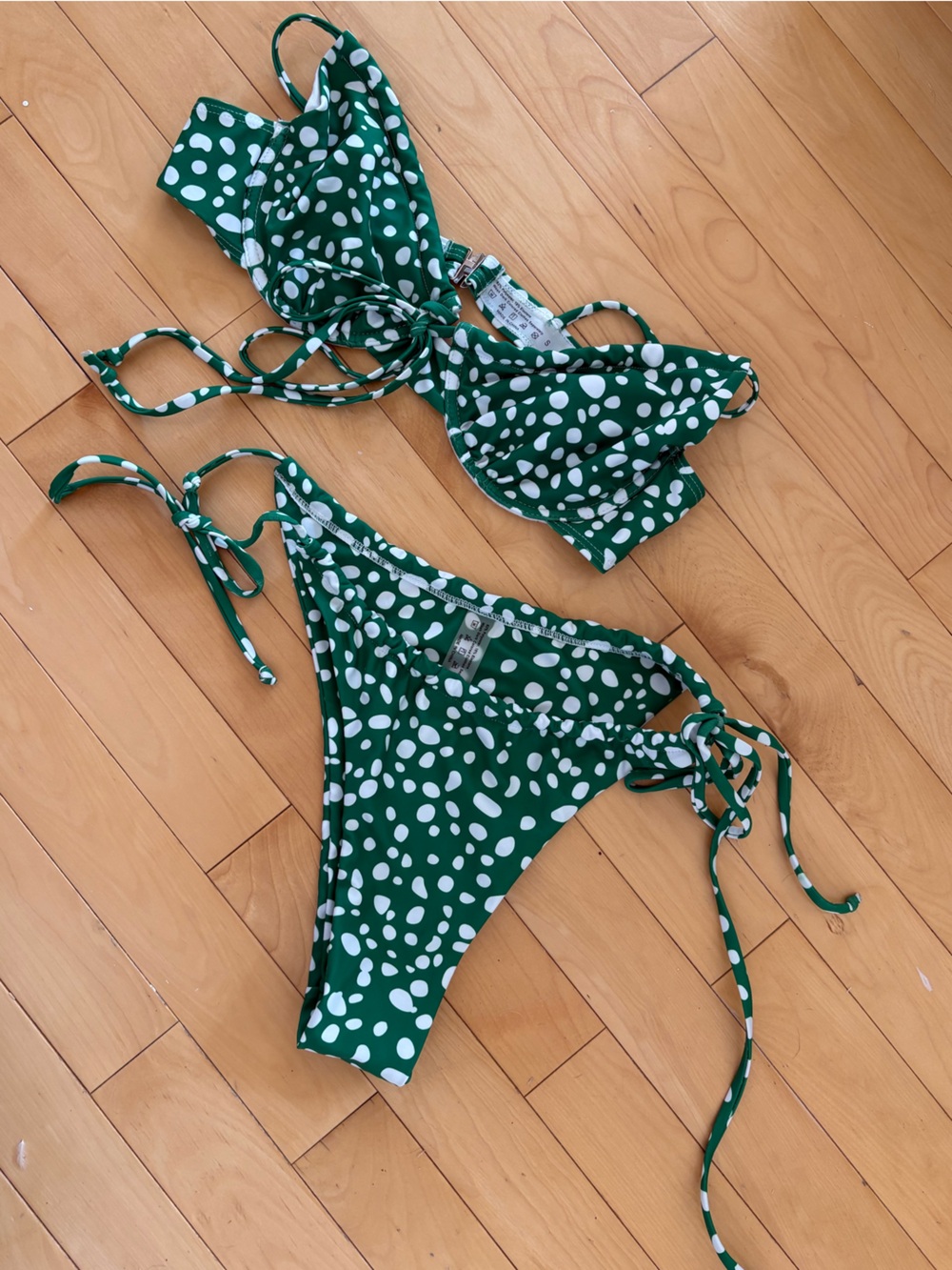 SHEIN Green and White Polka Dot Tie Bikini Set